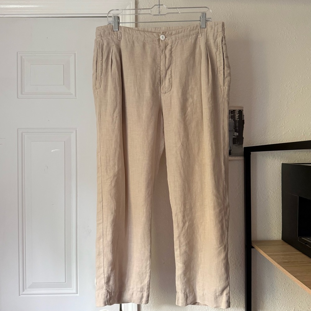 ALEXANDER YAMAGUCHI tan linen‎ slim straight leg cropped trousers pants